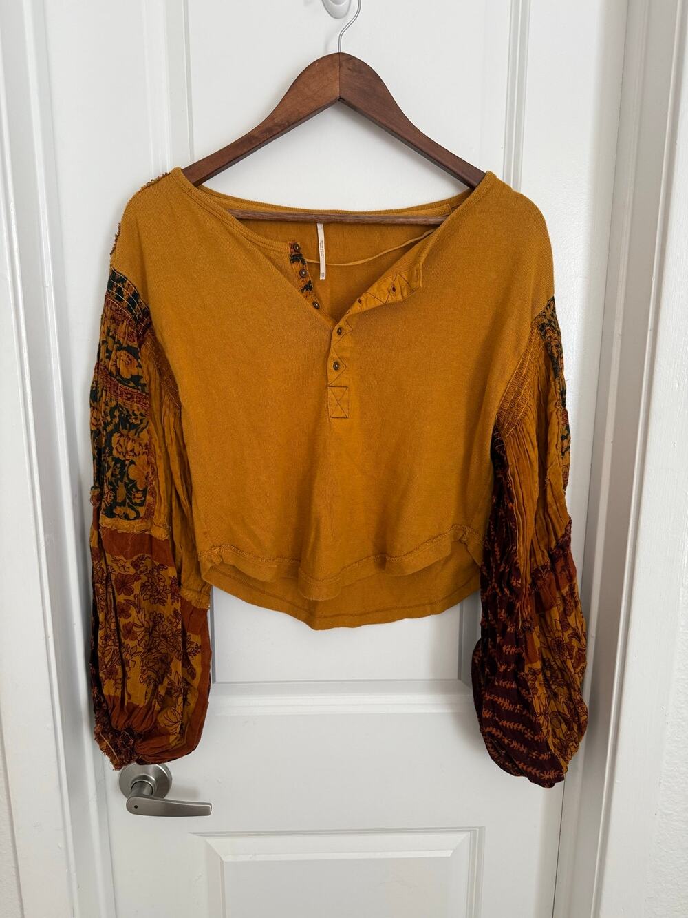 Free People Patchwork Balloon Sleeve Cropped Henley Sweater